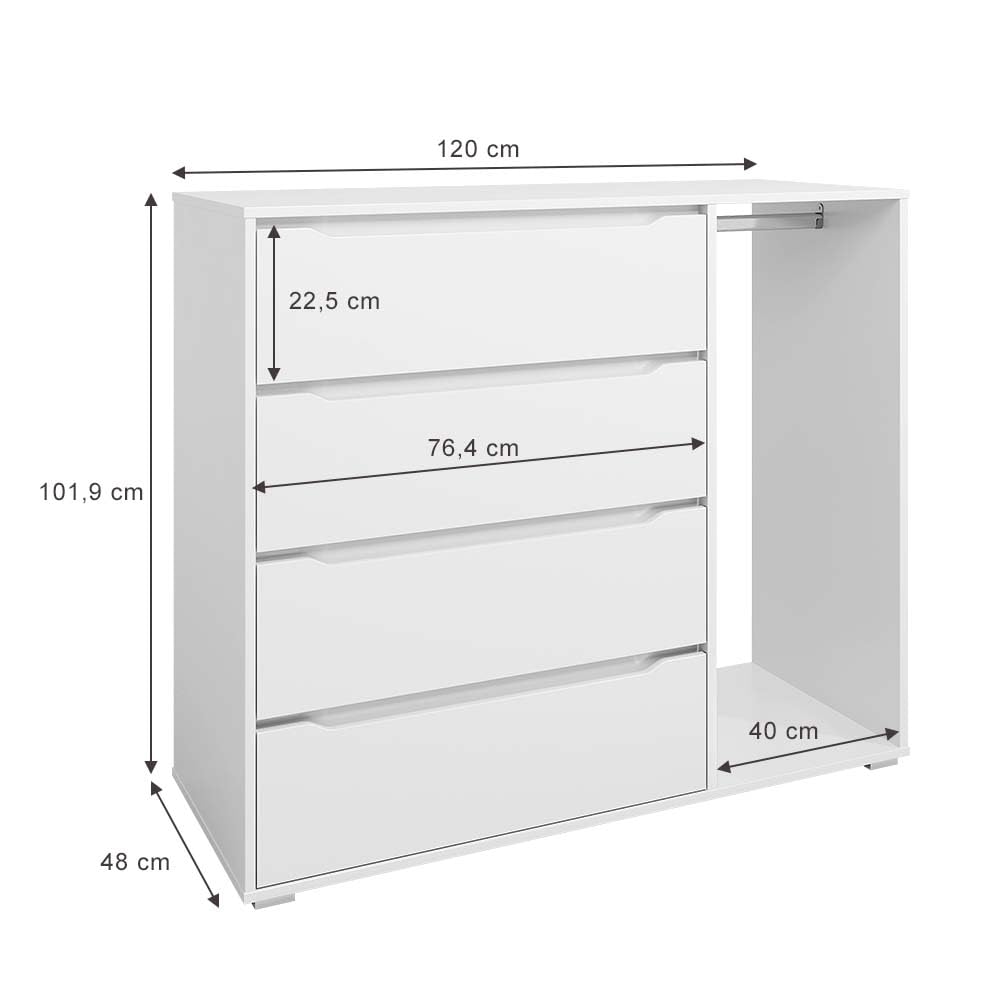 Vicco Kinderkleiderschrank Ruben, Weiß, 120 x 101.9 cm mit 4 Schubladen, geeignet zur Aufbewahrung von Kinderkleidung und Accessoires