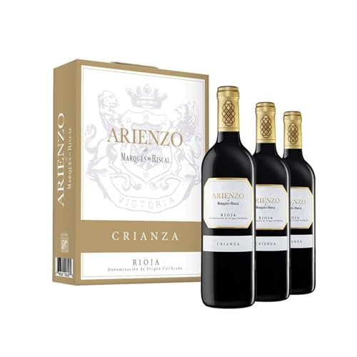 Arienzo de Marqués de Riscal - Vino tinto Crianza Denominación de Origen Calificada Rioja, Variedad Tempranillo, 18 meses en barrica - Estuche 3 botellas x 750 ml - Total 2250 ml
