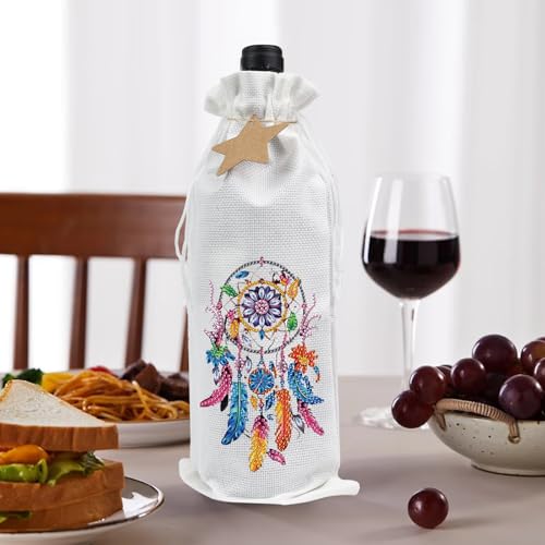 Image of DIY 5D Diamond Painting Wine Bottle Gift Bag, Rhinestone Diamond Art Wrapping Pouch, Handmade Linen Wine Holder with Dream Catcher Design, Party Supplies for Christmas Wedding Birthday