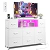 WLIVE White Dresser TV Stand for 45, 50, 55 inch TV, Entertainment Center with LED Lights & Charging Station, Chest of Drawers with 8 Fabric Drawers and Open Shelves for Living Room, Hallway, Wood Top