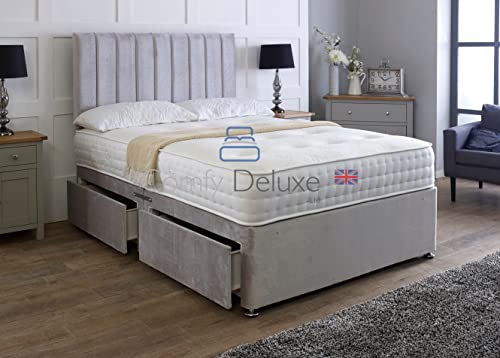 Comfy Deluxe LTD 4FT Small Double Bed Set with Memory Sprung Mattress - Silver Plush Velvetto Divan Bed Frame with 26 Apollo Headboard, Chrome Glider Feet & No Storage - UK Made