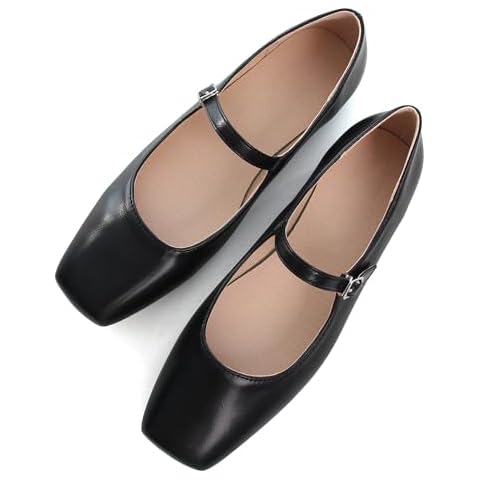 Dear Time Square Toe Mary Jane Flat Shoes for Women Strap Buckle Ballet Flats Dress Shoes Black Size 7.5 Cover