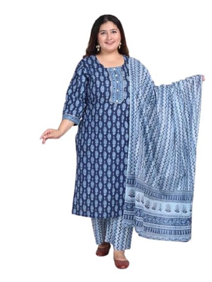 Plus Size Light Blue Floral Print Pure Cotton Straight Kurta, Dupatta & Pant Set