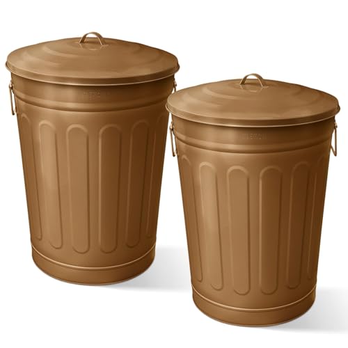 Image of Plexon 13 Gallon Metal Trash Can with Lid Outdoor Vintage Trash Can Steel Retro Garbage Can for Kitchen Farmhouse Rustic Bird Seed Storage Pet Food Cute Bucket, Brown 2 Pack