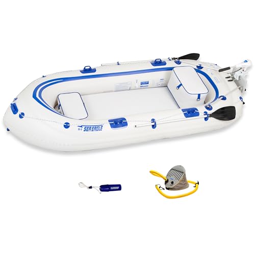Sea Eagle SE9 Lightweight Inflatable Motormount Boat with Inflatable Floor, 5' Oar Set, Electric Pump, 2 Seats Great for Boating, Motoring, Rowing, Fishing & Yacht Tending (Watersnake Motor)