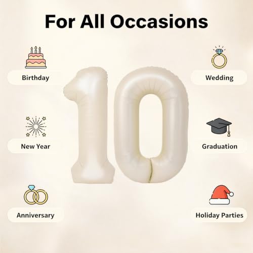 Image of Number Balloons for Birthday Decorations - 40 Inch Large Party Balloons 10, Cream Foil Number Balloons for Boys Girls, Balloons for Party Supplies