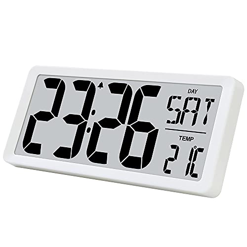 Txl Large Digital Day Wall Clock, Custom 8 Languages Calendar, Count Up-Down Timer And Temp Reminder, 12/24Hr Desktop Alarm Clock With 14.17" Extra Large Display For Home Office Studio Hotel, White #TOP13