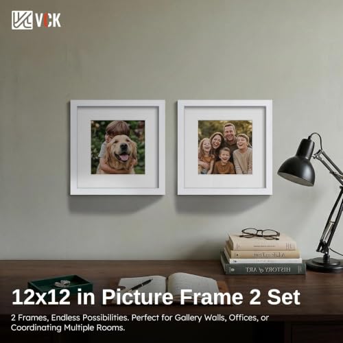Image of VCK 12x12 Frame 2 Pack, White Wood, 8x8 Mat, Glass, for Picture Prints