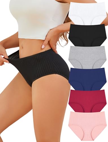 FINETOO Cotton Underwear for Women High Waisted Full Coverage Briefs Soft Postpartum Ladies Panties 6 Pack