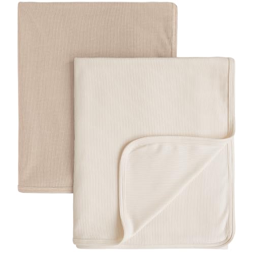 Image of Konssy Knit Baby Blanket 2 Pack, Soft Ribbed Swaddle Receiving Blankets for Boys & Girls, Lightweight Cozy Swaddling Wrap for Newborns, Infants, & Toddlers, 33x42 Inch (Camel, Beige)