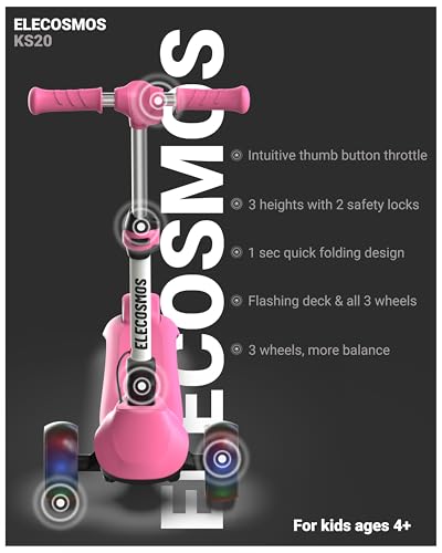 ELECOSMOS Safe Electric Scooter for Kids 4+, Balance for Beginner, Thumb Throttle, Flash Deck, Extra Wide Light Up Big Wheels, Adjustable Heights, 5 MPH Safe Speed, UL2272 Certified