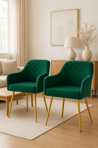 Image of Set of 2 Accent Chair for Living Room | Modern Armchair in Soft Velvet Fabric with Sturdy Legs | Premium Chair for Home Living Room Bedroom Restaurent | (Gold Legs, Green Burfi Design)