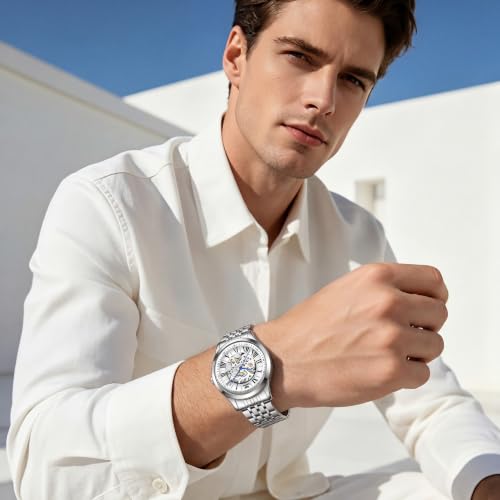 Image of OPK Men's Automatic Mechanical Watch Skeleton Black Dial with Roman Numerals Silver Stainless Steel Bracelet Waterproof Luxury Dress Wristwatch
