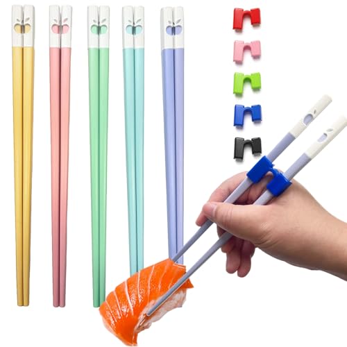 5 Pairs Reusable Training Chopsticks Set, Chopsticks Helpers Set for Beginner, 9.45 Inch Dishwasher Safe Fiberglass Japanese Chop sticks, Non-Slip, Easy to Use