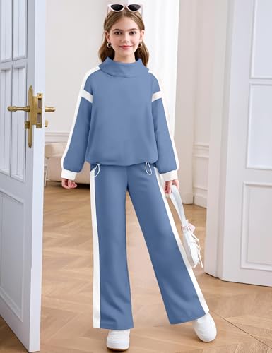 Girls Clothes 2 Piece Outfits Turtleneck Sweatsuit Fleece Colorblock Sweatshirt Wide Leg Sweatpants Fall Winter Sets4