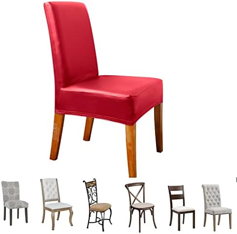 PU Leather Chair Covers for Dining Room,Waterproof PU Leather Seat Covers for Dining Chair, Stretch Kitchen Dining Chair Slipcover,Red(4 PCS)