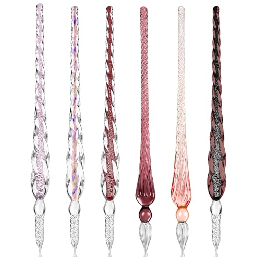 Zonon 6 Pieces Handmade Glass Dip Crystal Glass Signature Calligraphy Vintage Dip Ink Pen Borosilicate Present Pen for Writing Drawing Decoration(Pink Color Classic Style)