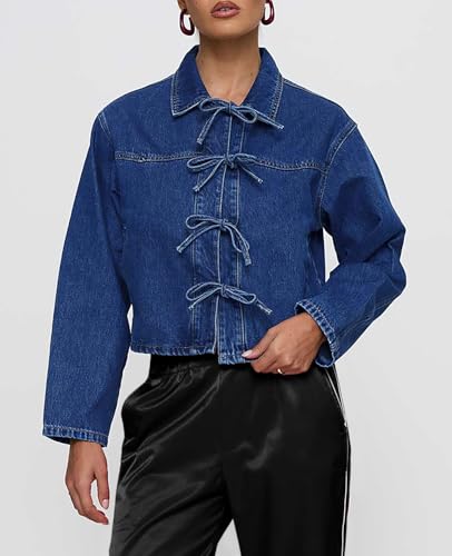 Tankaneo Womens Bow Tie Front Denim Jackets Cropped Oversized Casual Jean Shackets Y2k Lightweight Cute Coats4