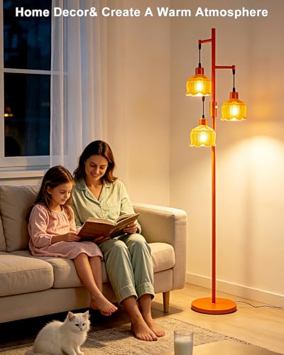 Image of Lightdot 3-Light Lotus Floor Lamp 65'' Dimmable with Orange Glass Shade & E12 Bulbs Included, Mid Century Tall Flower Lamp with 5Lbs Heavy Base for Living Room /Bedroom /Sofa Beside /Corner Decor - Gold