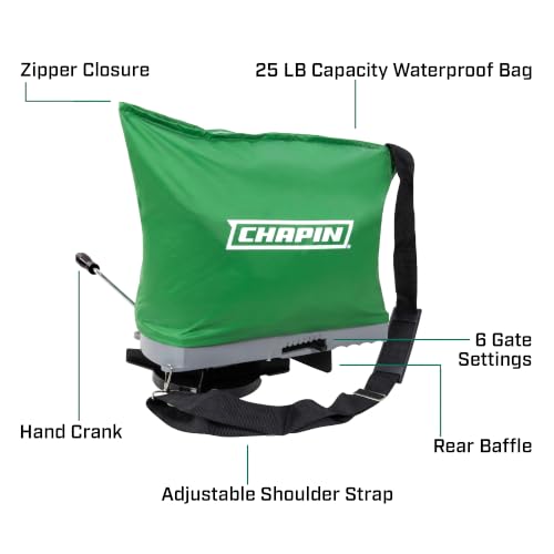 Image of Chapin 25lb Handheld Seed Spreader, Waterproof Design | Grass Seed, Fertilizers, Granular Material, Waterproof, 6 Settings, Enclosed Gears, Rear Baffle, Adjustable Gravity Flow
