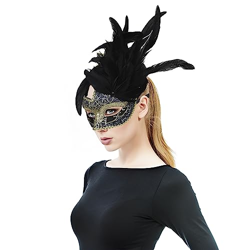 Venetian Face Cover Mask with Feather Decoration - Women's Masquerade Eye Mask for Halloween Mardi Gras, Gold - Image 4