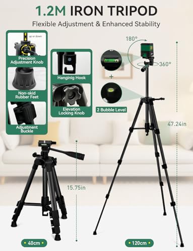 Image of Nikotek Laser Level with Tripod Self-Leveling Green Beam Horizontal and Vertical Crossline Laser for Home Decor Carrying Pouch, Tripod Battery Included (NK02GT2)