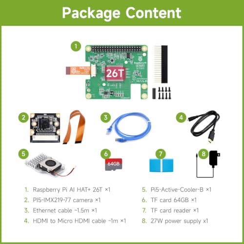 Image of Waveshare AI Kit, Compatible with Raspberry Pi 5, Bundle with Raspberry Pi AI HAT+ 26T, PI5-IMX219-77 Camera, Cooler, 64GB TF Card, Cable and so on (8 Items)