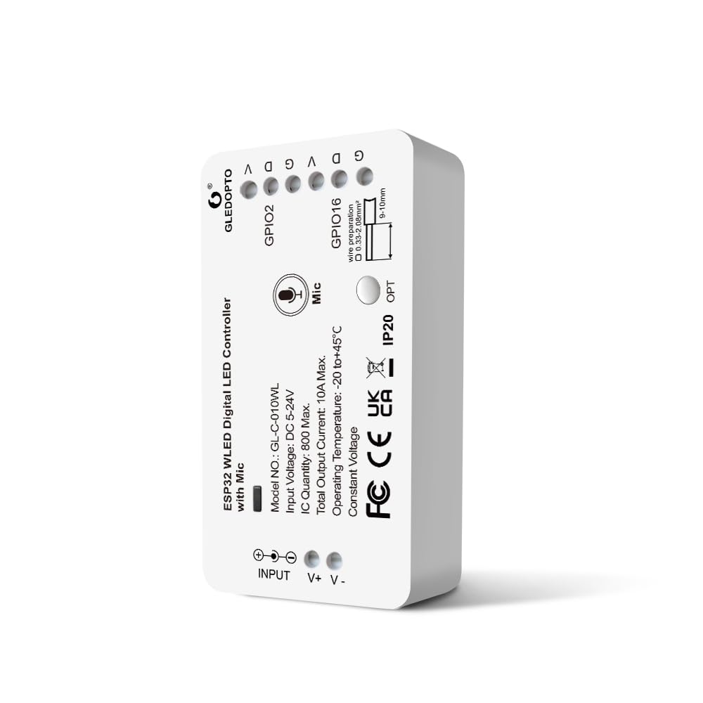 GLEDOPTO GLEDOPTO ESP32 WLED LED Controller with Mic Microphone DIY Lighting Music Dynamic Modes APP Control for WS2811 WS2812 SK6812 TM1814 WS2813 WS2815 Addressable FCOB LED Strip Lights (010WL-Mic)