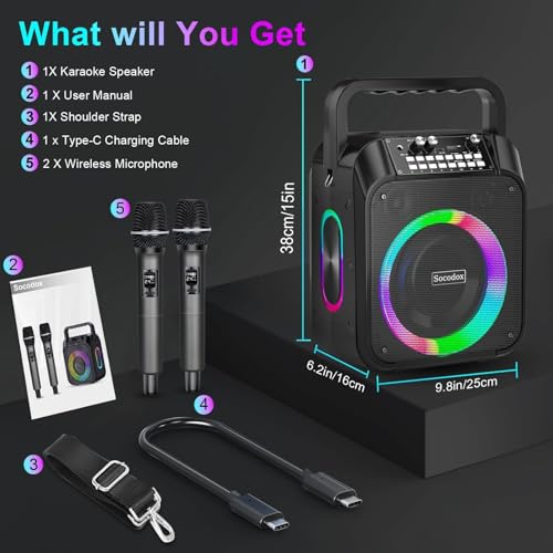 Karaoke Maschine,30W Tragbare Bluetooth Lautsprecher mit 2 Drahtlosen Mikrofon,6000mAh Akku 8H Spielzeit,TWS-Stereo,RGB-Lichter,Dual Bass Boost PA System für Erwachsene,Kinder,Partys,Gesang,DJ/Events