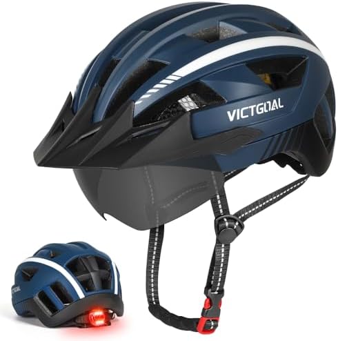 VICTGOAL Fahrradhelm mit Visier für Herren Damen, LED Rücklicht und Brille | PC Schale, EPS Schaum, 21 Belüftungen, Abnehmbares Visier, M/L/XL Größen, 54-63 cm Kopfumfang, Für Stra