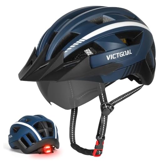 VICTGOAL Bike Helmet for Men Women with Led Light Detachable Magnetic Goggles Removable Sun Visor Mountain & Road Bicycle Helmets Adjustable Size Adult Cycling Helmets (L: 57-61 cm, Navy Blue)