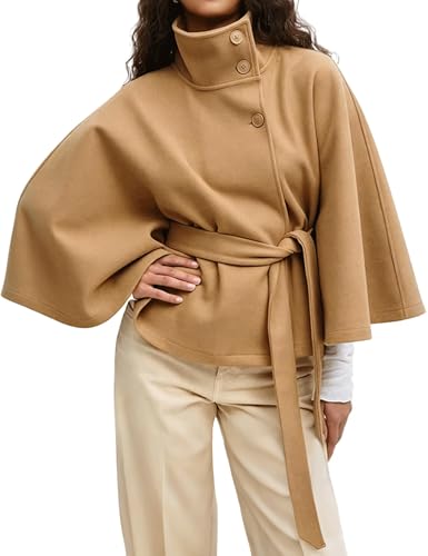 Image of Hooever Women Batwing Sleeve Ponchos Pea Coat Wool Bland Stand Collar Jacket Winter Cropped Overcoat(Khaki-M)