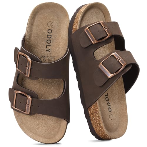 ODOLY Boys Girls Cork Footbed Slide Sandals Non-Slip Summer Sandals with Adjustable Buckle for Toddler/Little/Big Kid Brown 35 (Big Kid 3.5-4)