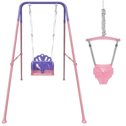 Image of Foldable Toddler Swing Set and Baby Jumper, Indoor & Outdoor Use, Baby Bouncer Jumper, Safe and Durable Swing Set for Backyard （Pink）