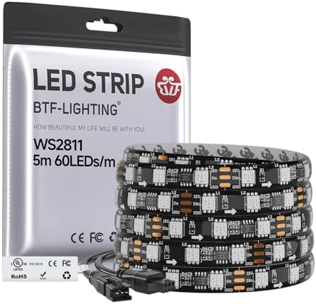 BTF-LIGHTING WS2811 IC=RGB IC Addressable Dream Color LED Strip 16.4FT 60LEDs/m 20Pixels/m 300LEDs 100pixels IP65 Splash Proof Black PCB Flexible DC12V Chasing Effect for Bedroom,Desk,Home Decoration