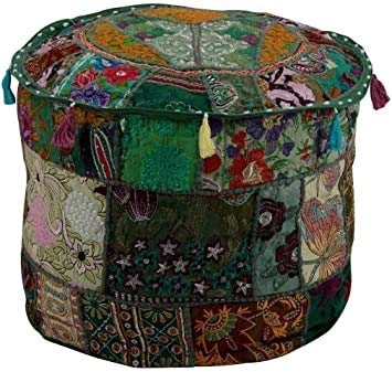 Sophia-Art Indian Embroidered Patchwork Cover Indian Decorative Pouf Indian Comfortable Floor Cotton Cushion Ottoman Pouf,Indian Designs Ethnic Patchwork Pouf (Dark Green, 14