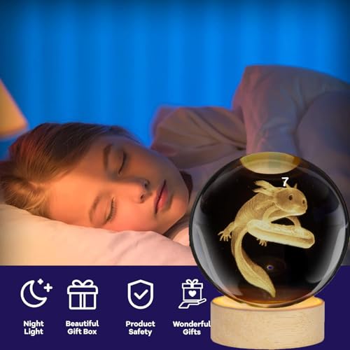 Image of Large 3D Axolotl Crystal Ball Night Light for Kids with Colorful LED Light Base,Bedroom Decor and Gift for Teens Boys and Girls and Fans, Christmas Classmates and Birthday (Multicolor Salamander2)