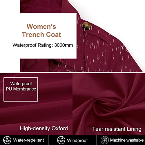 CREATMO US Women Waterproof Classic Hooded Trench Coat Hood Belt Double Breasted Wine Red XS