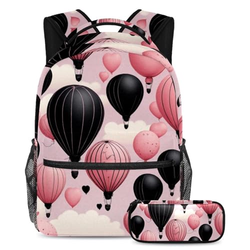 Sac d'école ballon rose Love Art avec trousse grand volume pour ados