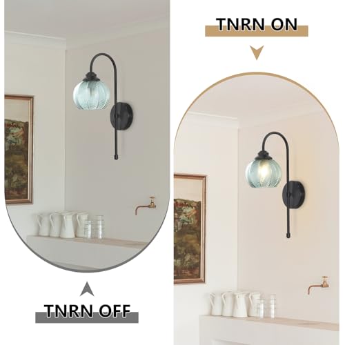 Image of KCO Lighting Mid Century Modern Wall Sconce Matte Black Vintage Bathroom Light Fixture Green Glass Globe Wall Light Hallway Indoor Sconces Wall Lighting Set of 2