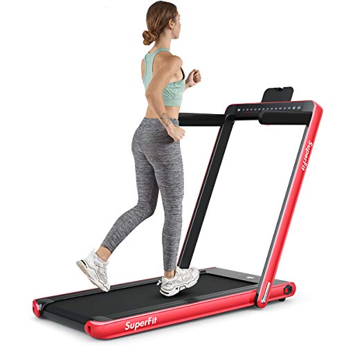Goplus 2 in 1 Folding Treadmill, 2.25HP Under Desk Electric Pad Treadmill, Installation-Free, with Dual Display, Bluetooth Speaker, Remote Control, Walking Jogging Machine for Home/Office Use (Red)