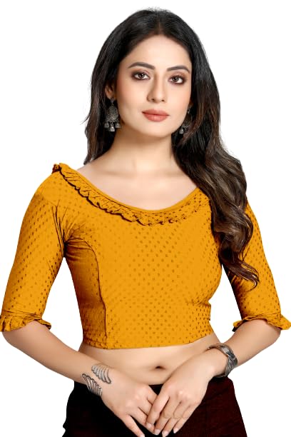 Dobby Cotton Lycra Round Neck with Flared Stretchable Saree Blouse and Flared Elbow Legnth Sleeves Stylish Readymade Crop Top Choli for Girls & Women-picture-34