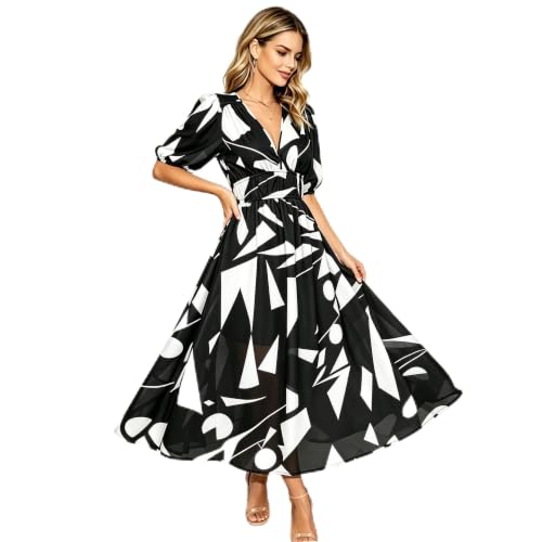 GTETKDE Women's 2026 Spring Summer Maxi Dresses Short Sleeve V-Neck Puff Sleeve Long Dresses Elegant Wedding Guest Maxi Dress Pattern02-XL