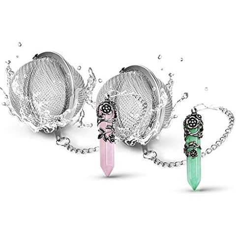 TeaSanavie 2 Pack Healing Crystal Pendant Loose Tea Steeper Tea Infusers Tea Strainers for Couple Gift,Antique Silver Flower Wrapped Natural Gemstone Hexagonal 18/8 Stainless Steel Fine Mesh Tea Ball Cover