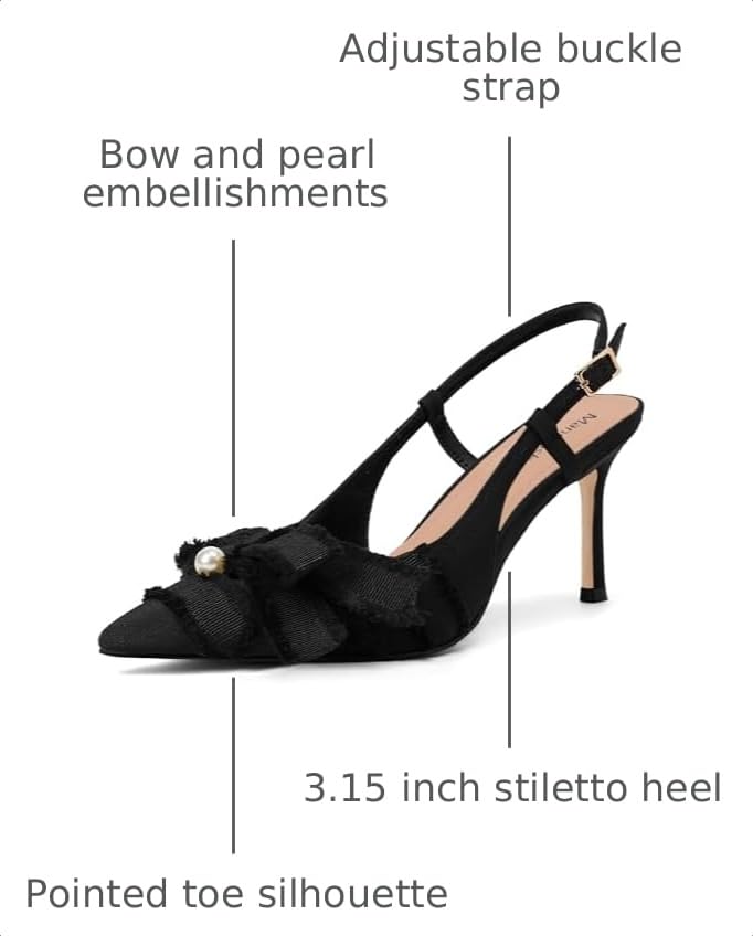 Image of Women's Slingback Heels with Bow Pointed Toe Pumps with Elasticated Strap 3.3 inch High Heels for Evening Dress Shoes
