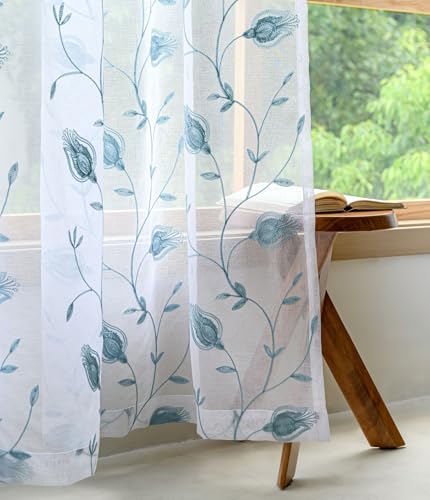 Image of Floral Embroidery Sheer Curtains Blue 63 Inches, Rod Pocket Voile Drapes for Living room, Bedroom, Window Treatments Semi Crinkle Curtain Panels for Yard, Patio, Villa, Parlor, Set of 2, 52 inchx 63 inch.