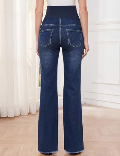Image of GLAMIX Women's Stretch Maternity Bootcut Jeans with Pockets Over The Belly Bell Bottoms Flare Denim Pants Pregnancy Clothes