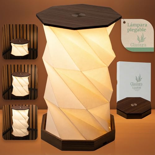 Glassura Lámpara LED Recargable sin Cables, Lámpara de Mesita de Noche con Luz Cálida Regulable, Diseño Origami Plegable en Madera, Lámpara de Mesa USB-C para Dormitorio, Salón y Regalo