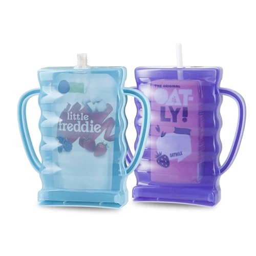 PandaEar Paquete de 2 soportes para bolsas de alimentos a prueba de apretar para niños pequeños, soporte para bolsa de bebé con asa para cajas de jugo, azul/morado