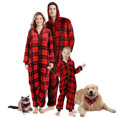 Family Christmas Pajamas Matching Set,2023 One-Piece Buffalo Plaid Flannel Navideñas Familiares Pjs(Men X-Large)